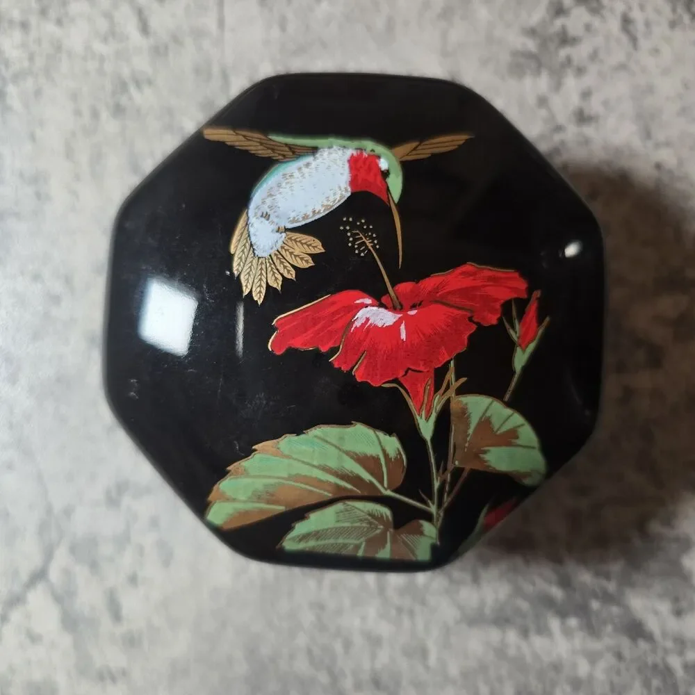 Vtg Otagiri Japan Trinket Box Handpainted Hummingbird Black Glazed Metallic Gold